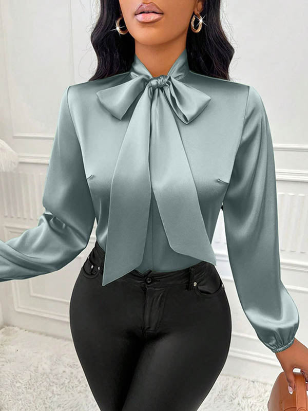 Bow-Embellished Pleated Solid Color Split-Joint Long Sleeves Loose Scarf Collar Blouses&Shirts Tops