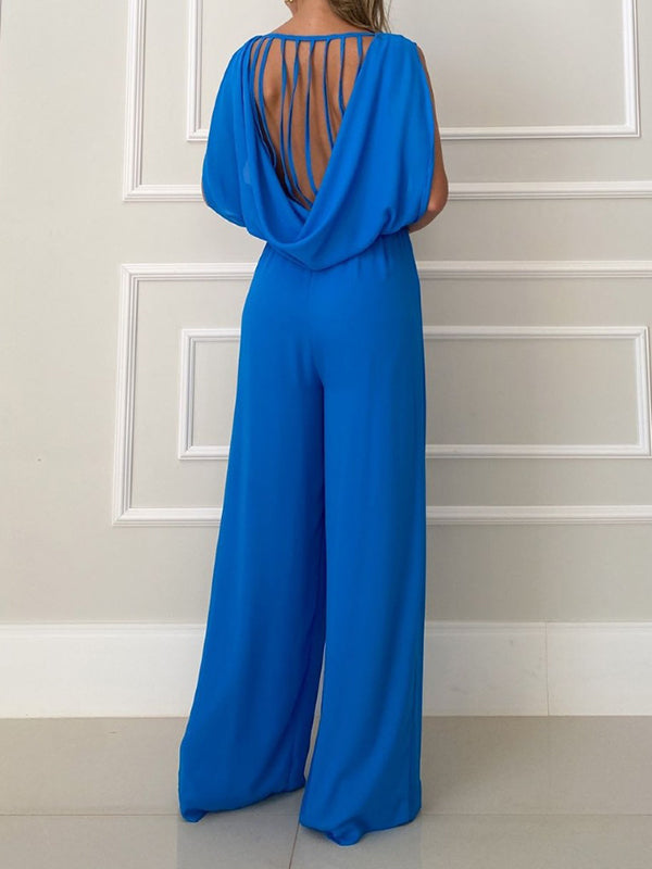Backless Elasticity Pleated Solid Color Split-Joint High Waisted Sleeveless Jumpsuits