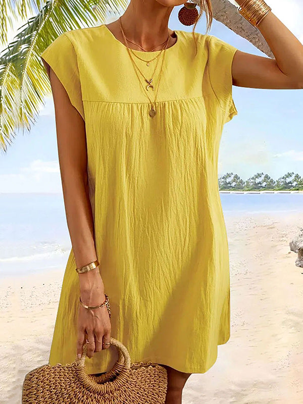 Pleated Solid Color Cap Sleeve Loose Round-neck Mini Dresses