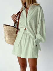 Buttoned Jacquard High-Low Long Sleeves Solid Color Lapel Shirts Top +Shorts Bottom Two Pieces Set