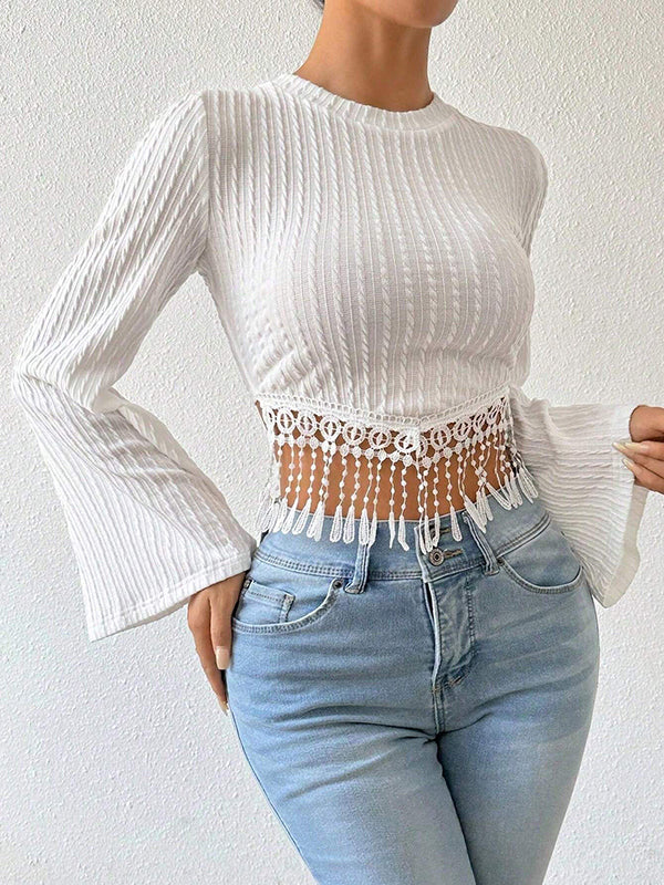 Solid Color Split-Joint Tasseled Flared Sleeves Long Sleeves Round-neck T-Shirts Tops