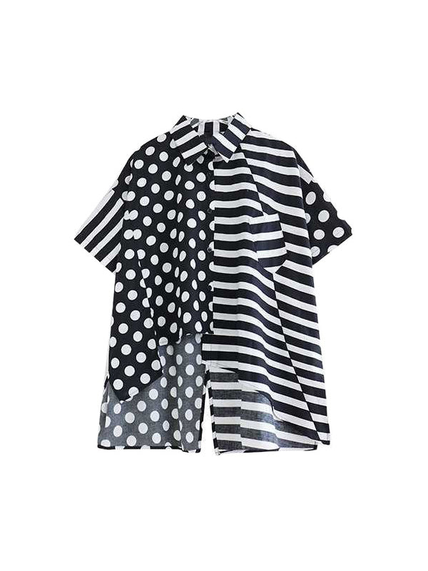 High-Low Asymmetric Half Sleeves Contrast Color Polka-Dot Split-Side Striped Lapel Blouses Top + Pants Bottom Two Pieces Set