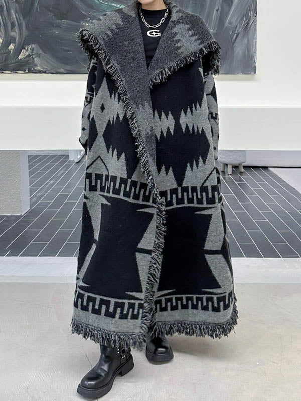 Contrast Color Geometric Split-Joint Tasseled Long Sleeves Loose Lapel Overcoat Outerwear
