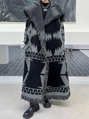 Contrast Color Geometric Split-Joint Tasseled Long Sleeves Loose Lapel Overcoat Outerwear