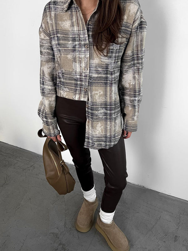 Buttoned Plaid Pockets Long Sleeves Loose Lapel Blouses&Shirts Tops