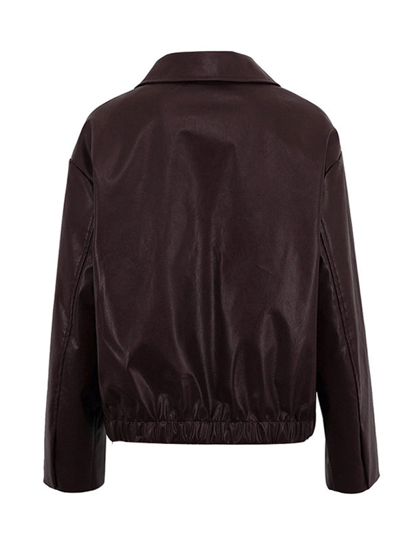 Elasticity Solid Color Zipper Long Sleeves Loose Lapel Outerwear Jackets