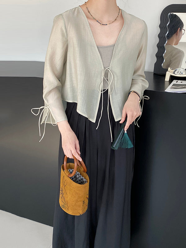 Long Sleeves Lace-Up See-Through Solid Color Blouses&Shirts Tops