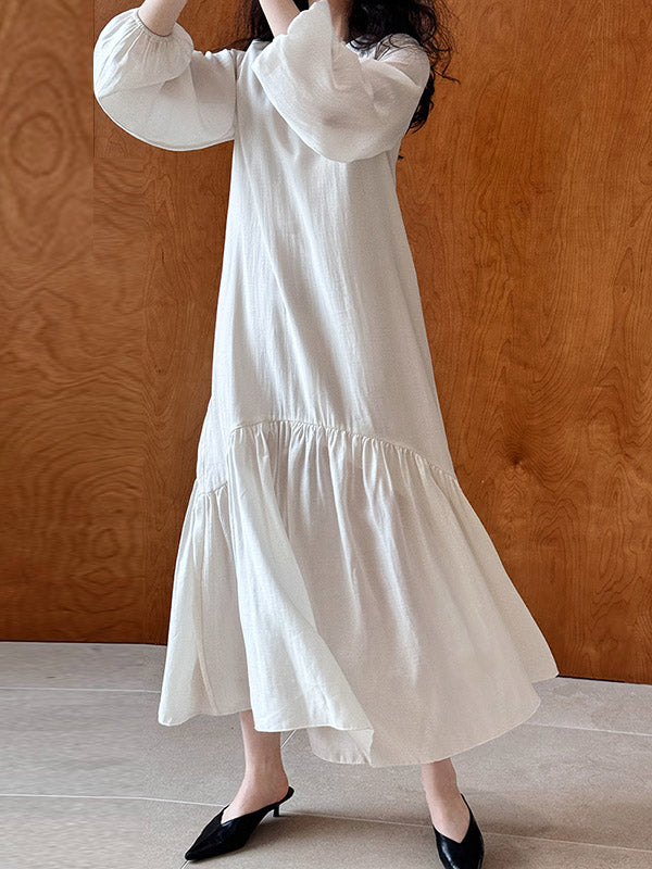 Elasticity Pleated Solid Color Split-Joint Zipper High Waisted Long Sleeves V-Neck Midi Dresses