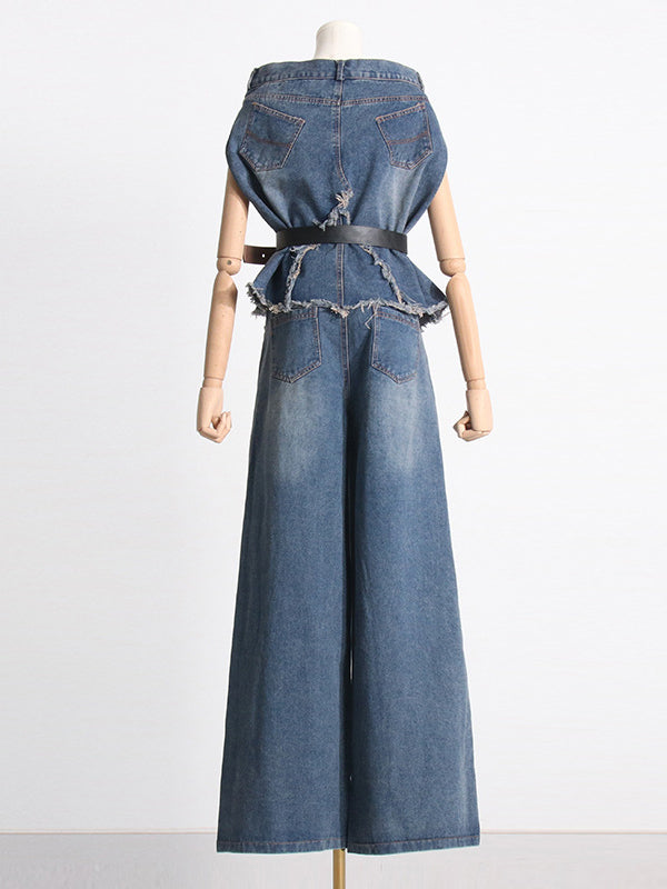 Asymmetric Split-joint Fringed Boat Neck Vest Top+ High Waisted Belted Jeans Bottom Two Pieces Set