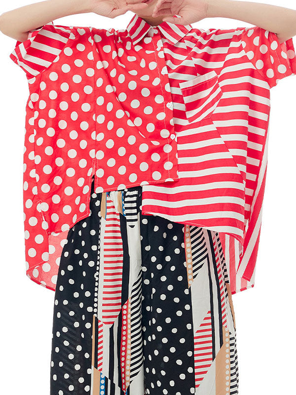 Polka-Dot Split-Joint Striped Irregular clipping Loose Lapel Shirts Tops
