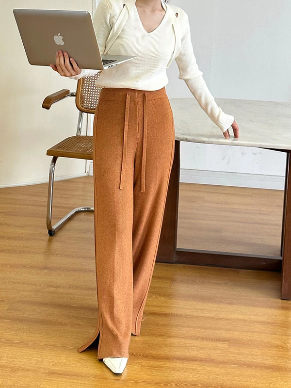 Drawstring Solid Color Split-Side Velvet High Waisted Loose Trousers Pants