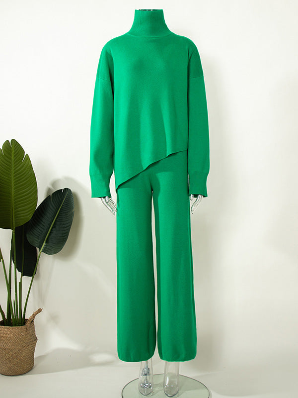 Casual Solid Color Irregularity High-Neck Sweater& Wide Leg Pants Suits