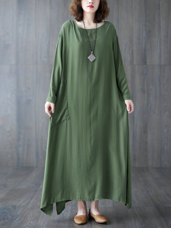 Casual Long Sleeves Loose Solid Color Round-Neck Maxi Dresses