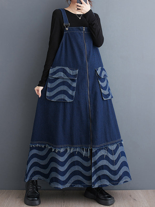 Split-Joint Striped Zipper A-Line Loose Adjustable Straps Midi Dresses