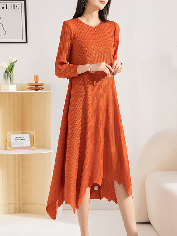 Pleated Solid Color Irregular clipping Loose Round-neck Midi Dresses