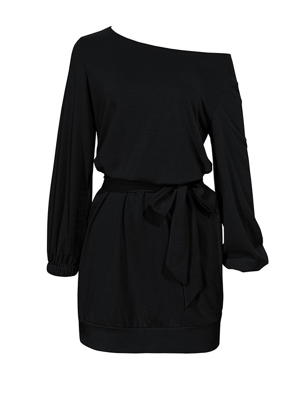Elasticity Solid Color Tied Waist Long Sleeves Loose One-Shoulder Mini Dresses