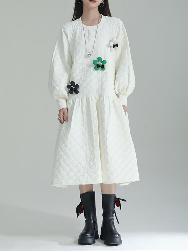 Pleated Quilted Split-Joint Long Sleeves Loose Round-Neck Midi Dresses