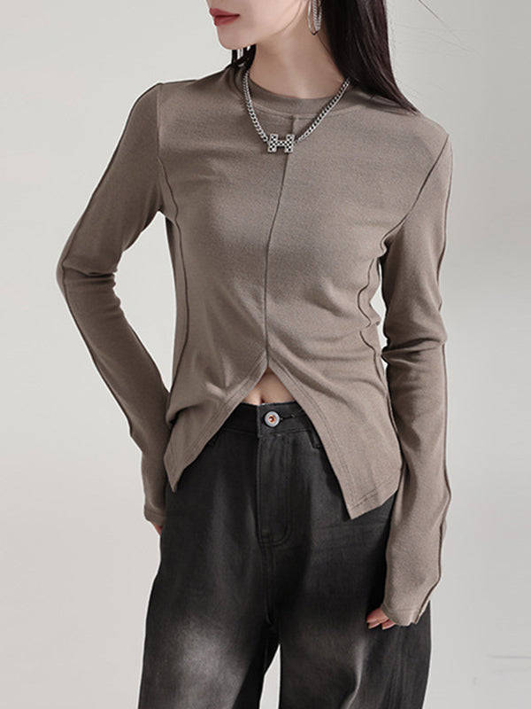 Solid Color Split-front Long Sleeves Skinny Round-neck T-Shirts Tops