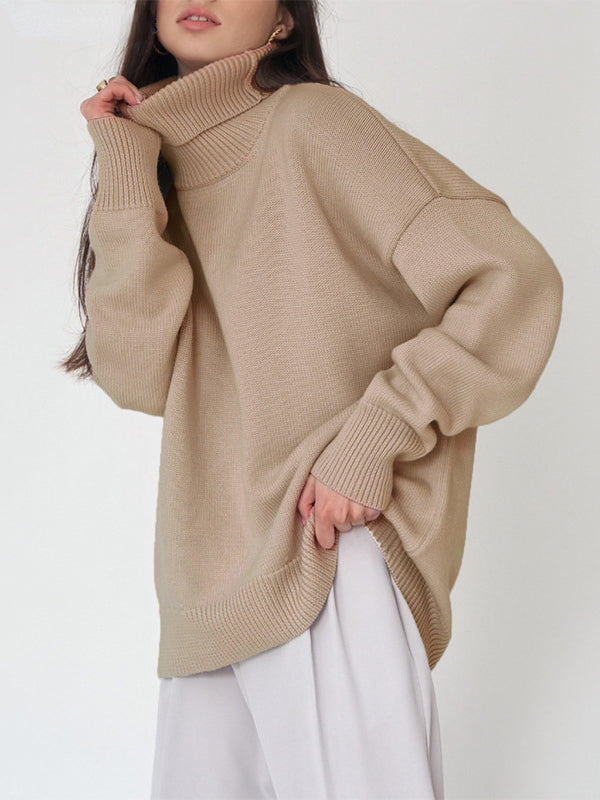 Casual Long Sleeves Loose Solid Color High-Neck Sweater Tops