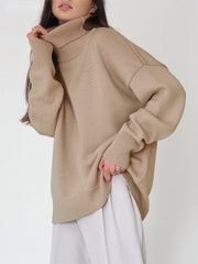 Casual Long Sleeves Loose Solid Color High-Neck Sweater Tops