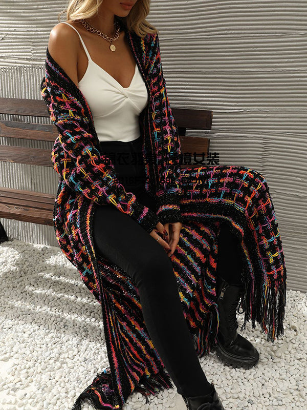 Plaid Tasseled Long Sleeves Loose Collarless Cardigan Tops