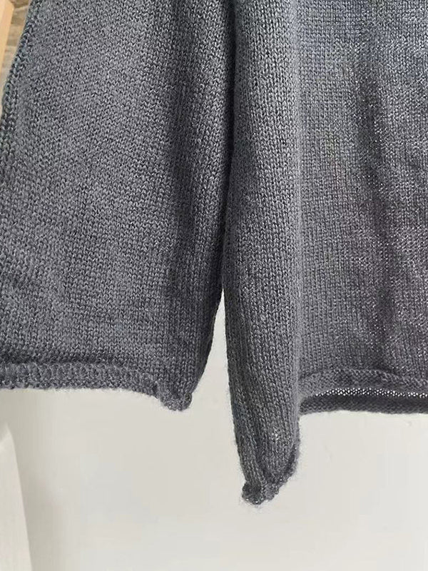 See-Through Solid Color Split-Joint Long Sleeves Loose Round-Neck Sweater Tops