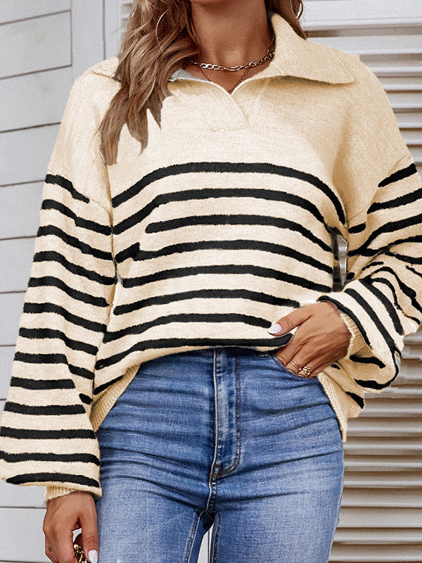 Casual Long Sleeves Loose Striped Lapel Collar Sweater Tops