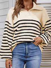 Casual Long Sleeves Loose Striped Lapel Collar Sweater Tops