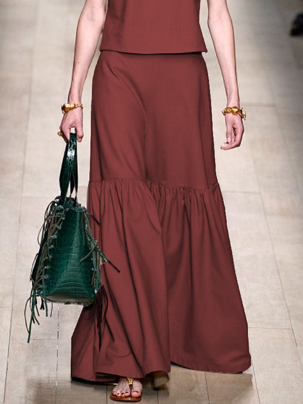 Pleated Solid Color Split-Joint A-line Loose Skirts Bottoms