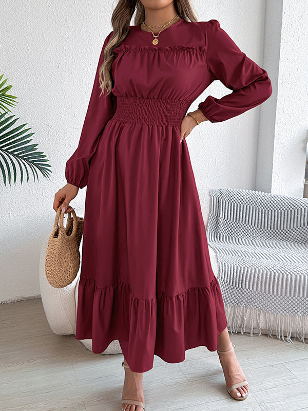 Pleated Solid Color A-Line Elasticated Waist Round-Neck Maxi Dresses