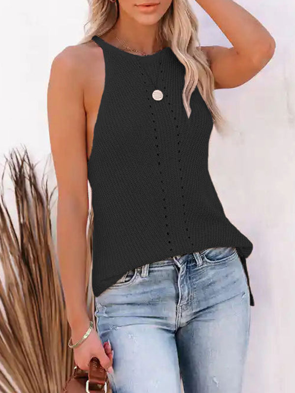 Hollow Solid Color Loose Sleeveless Spaghetti-Neck Vest Top