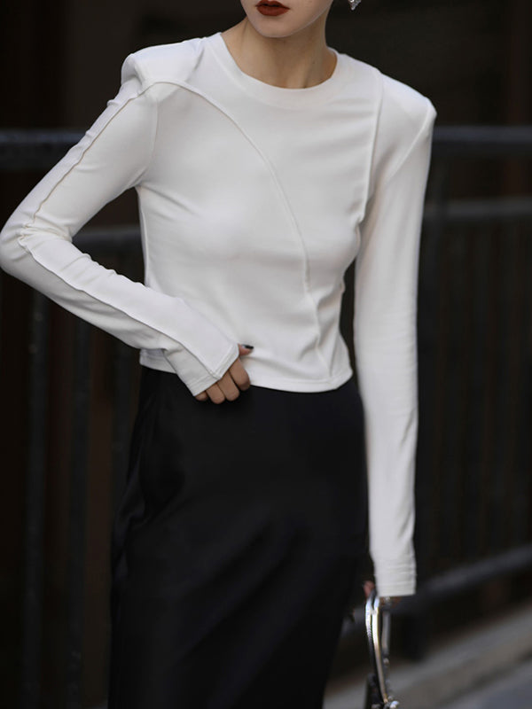 Shoulder Pad Solid Color Long Sleeves Skinny Round-Neck T-Shirts Tops