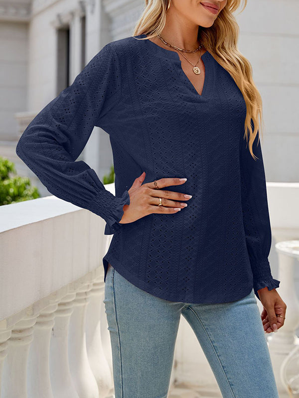 Elasticity Hollow Solid Color Long Sleeves Loose V-neck T-Shirts Tops