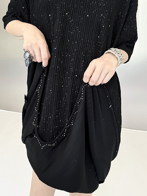 Asymmetric Beaded Shiny Split-Joint Loose Short Sleeves Round-neck Midi Dresses