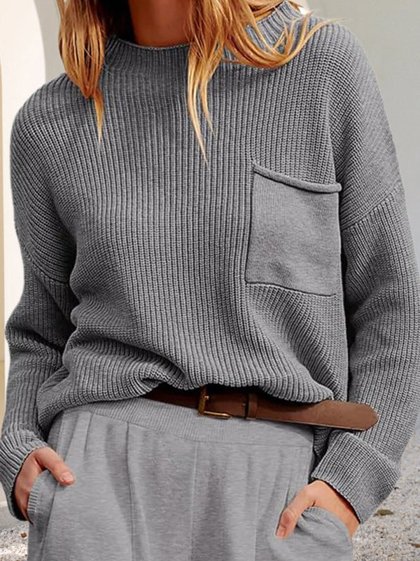 Pockets Solid Color Long Sleeves Loose Round-Neck Sweater Tops Pullovers Knitwear