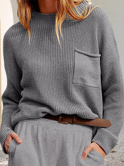 Pockets Solid Color Long Sleeves Loose Round-Neck Sweater Tops Pullovers Knitwear