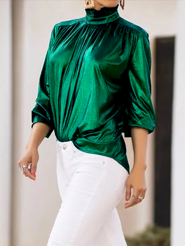 Shiny Solid Color Loose Three-quarter Sleeves High-neck Blouses&shirts Tops
