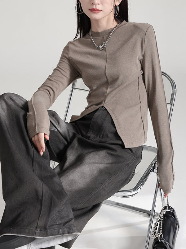 Solid Color Split-front Long Sleeves Skinny Round-neck T-Shirts Tops