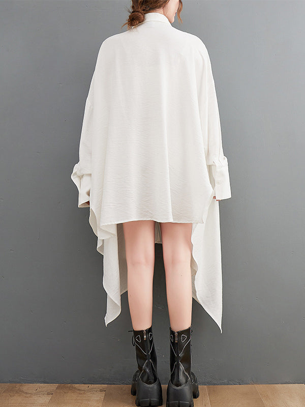 Asymmetric Buttoned Pockets Solid Color A-Line High-Low Lapel Shirt Dress Midi Dresses
