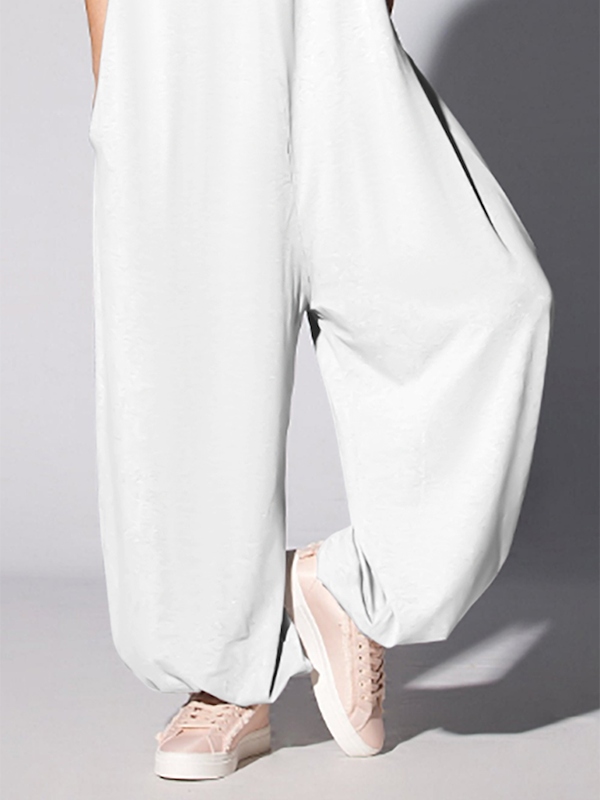 Loose Short Sleeves Applique Embroidered Figure Round-Neck Jumpsuits