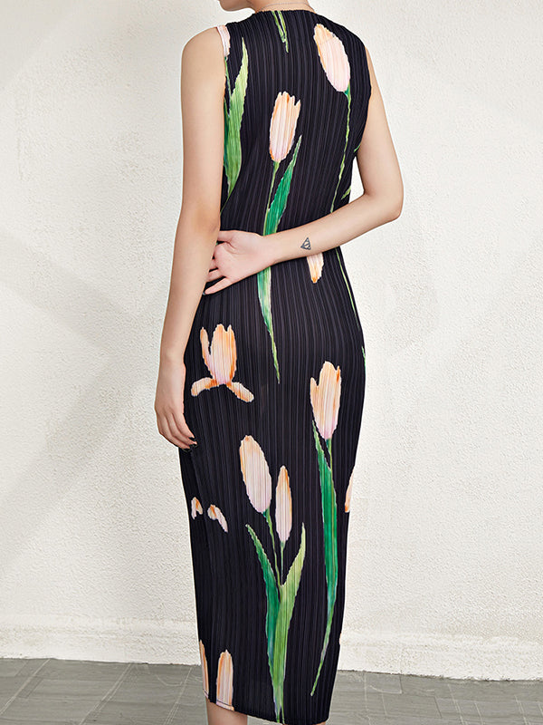 Flower Print Pleated Loose Sleeveless Round-Neck Midi Dresses