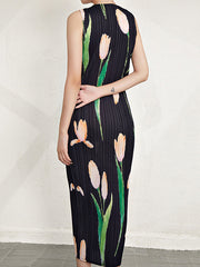 Flower Print Pleated Loose Sleeveless Round-Neck Midi Dresses