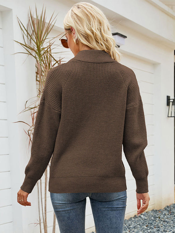 Stylish Loose Solid Color& Contrast Color Striped Lapel Collar Sweater Tops