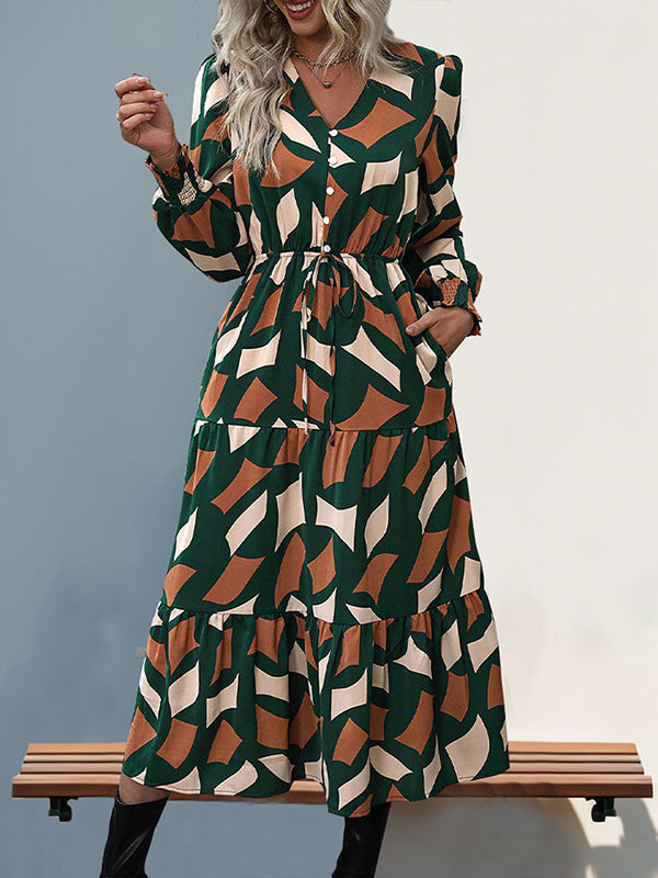Buttoned Elasticity Pleated Printed Split-Joint Tied Waist A-Line Long Sleeves V-Neck Midi Dresses