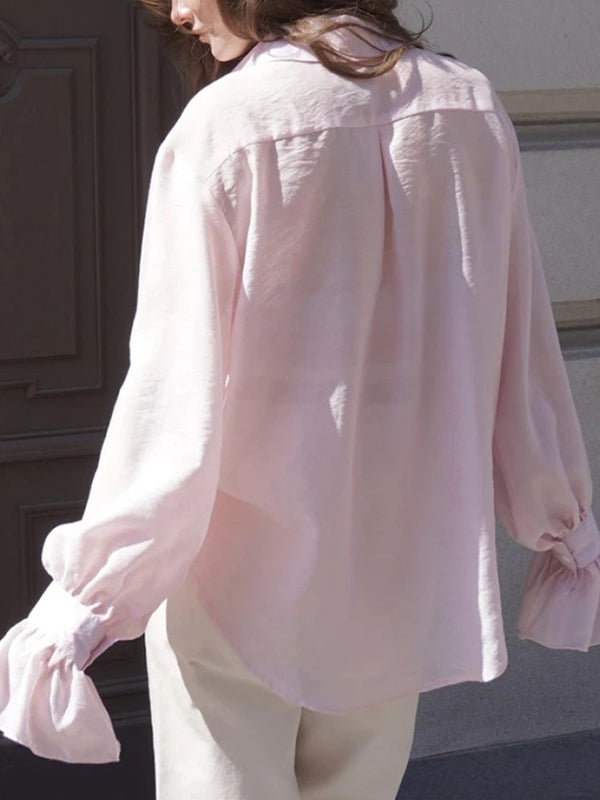 Pleated Solid Color Split-Joint Loose Puff Sleeves Lapel Blouses&shirts Tops