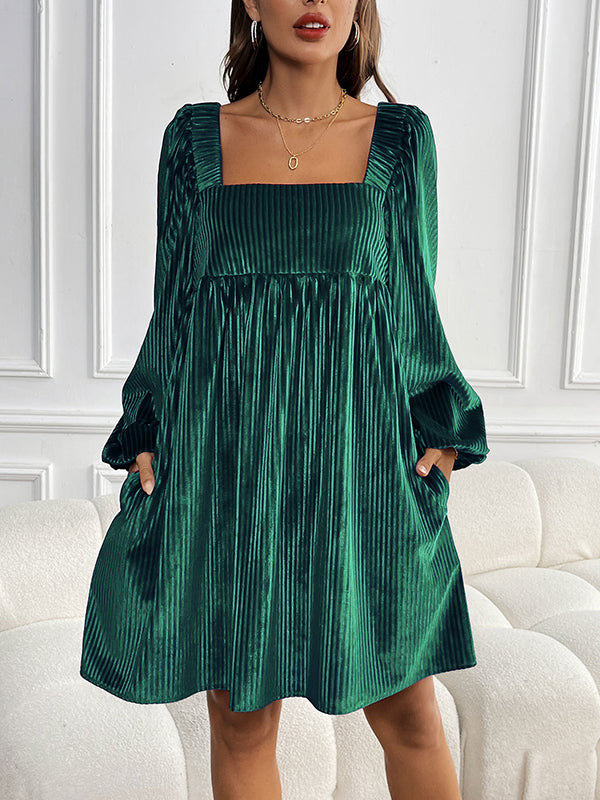 Pleated Shiny Solid Color Tied Velvet A-Line Long Sleeves Square-Neck Mini Dresses