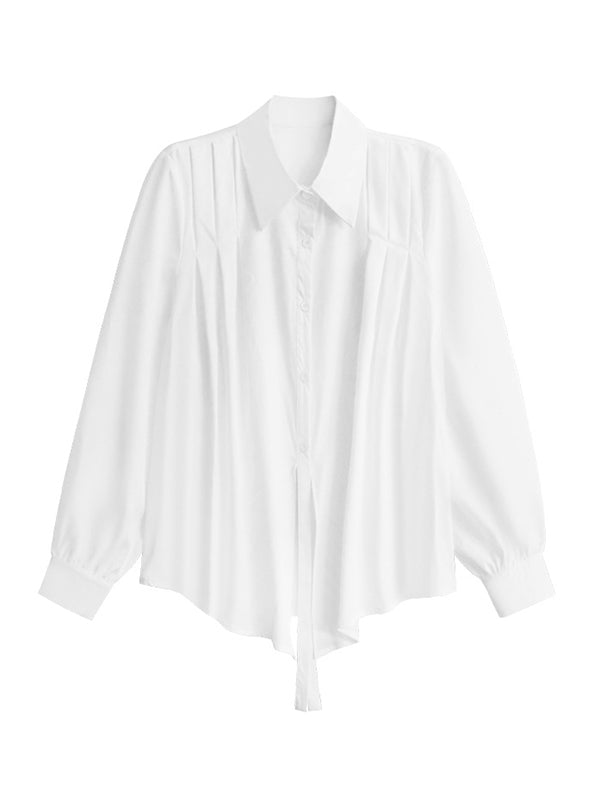 Buttoned Solid Color Split-Joint Streamer Irregularity Long Sleeves Lapel Collar Blouses&Shirts Tops