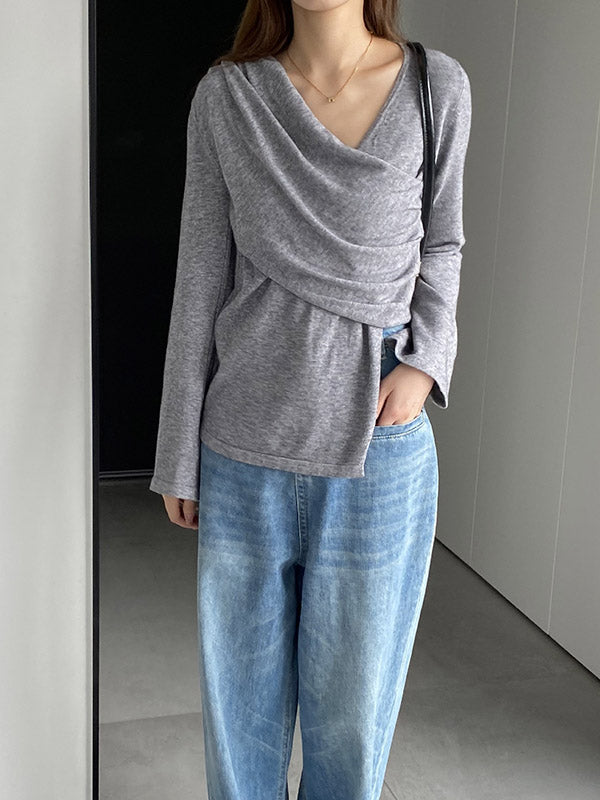 Asymmetric Solid Color Long Sleeves Loose V-Neck T-Shirts Tops