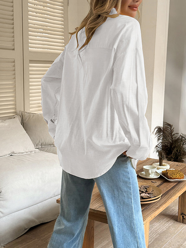 Buttoned Solid Color Long Sleeves Loose Lapel Blouses&shirts Tops