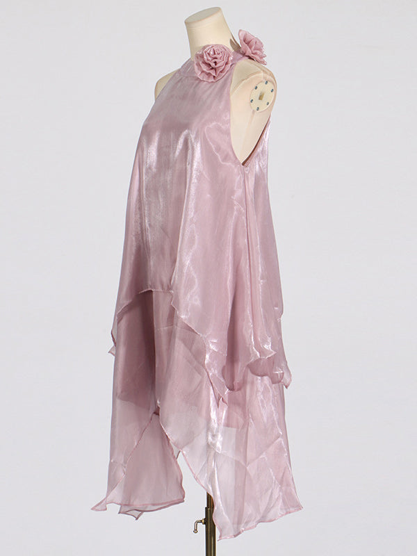 Double Layered Shiny Three-Dimensional Flower High Waisted Loose Halter-Neck Midi Dresses